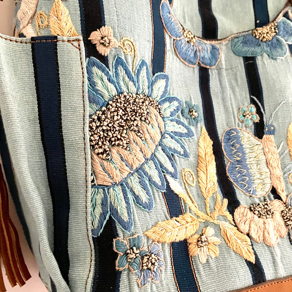 Vintage Blue Butterfly Huipil Bag with Xela Leather