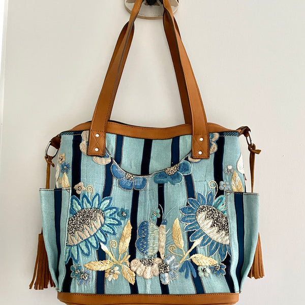 Vintage Blue Butterfly Huipil Bag with Xela Leather