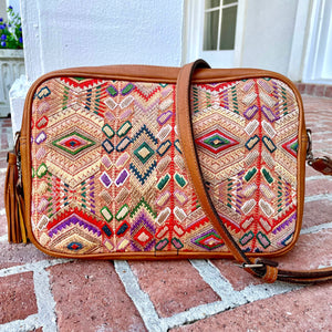Guatemalan Huipil and Xela Leather Crossbody Bag, Wheat pastel vintage huipil