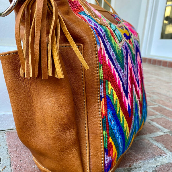 Small Vintage Huipil Bag with Xela leather