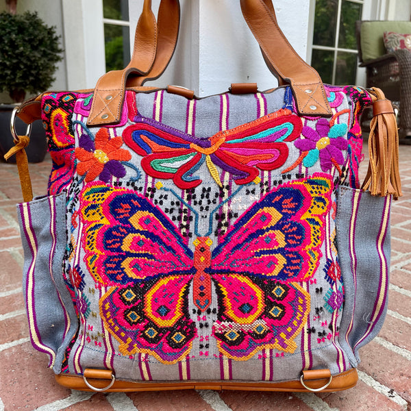 Butterfly Vintage Huipil Bag with Xela Leather