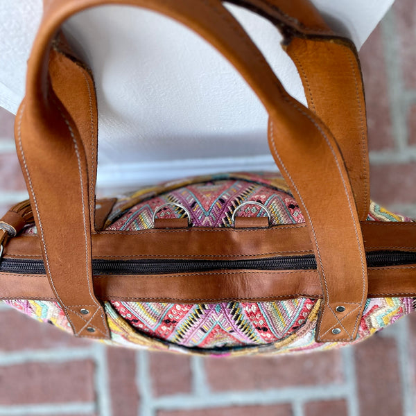 Vintage  Pastel Huipil and Xela Leather Convertible Day Bag