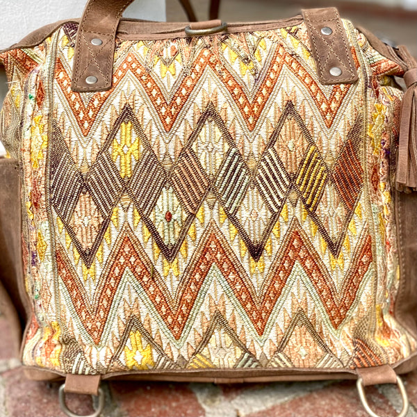 Medium Neutral Vintage Huipil Bag with Alamo Leather