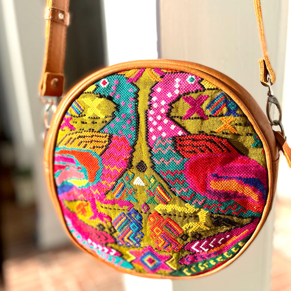 “La Chica Bonita” Peacock Huipil and Leather Crossbody Bag