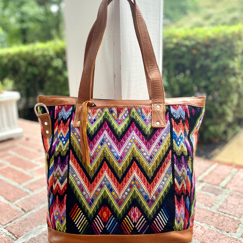 Vintage Chevron Huipil and Leather Tote Bag
