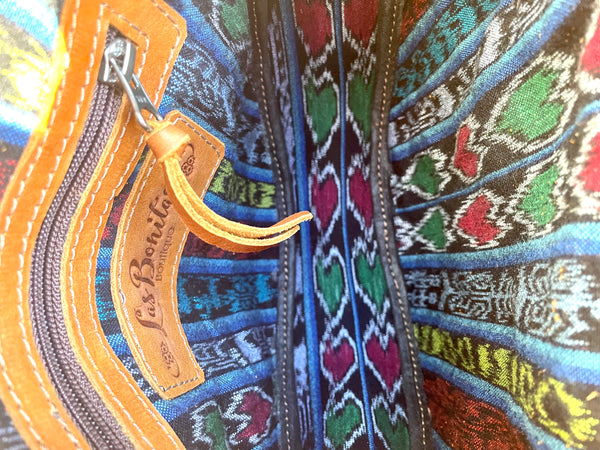 “La Chica Bonita” Peacock Huipil and Leather Crossbody Bag