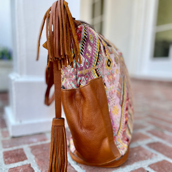 Vintage  Pastel Huipil and Xela Leather Convertible Day Bag